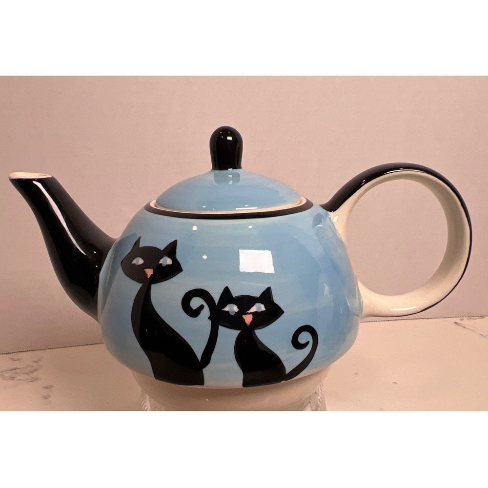 Hues N Brews Black Cat Tea Set For One Teapot Cup and Saucer Blue Paw Prints NWT